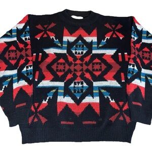 Vintage Bonjour Western Aztec Acrylic Knit Crewneck Sweater USA Made